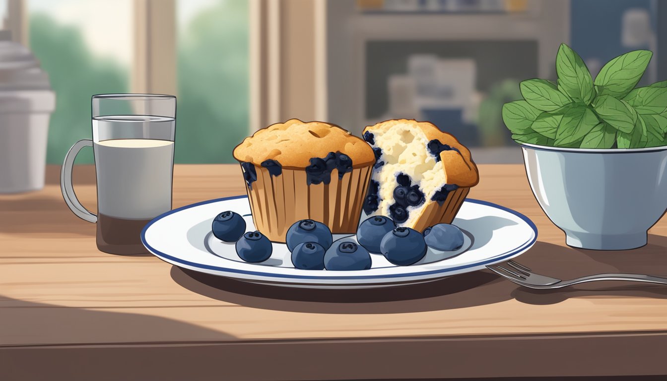 A blueberry muffin sits on a plate surrounded by fresh blueberries and a sprig of mint. The plate is set on a table with a Wendy's breakfast menu in the background