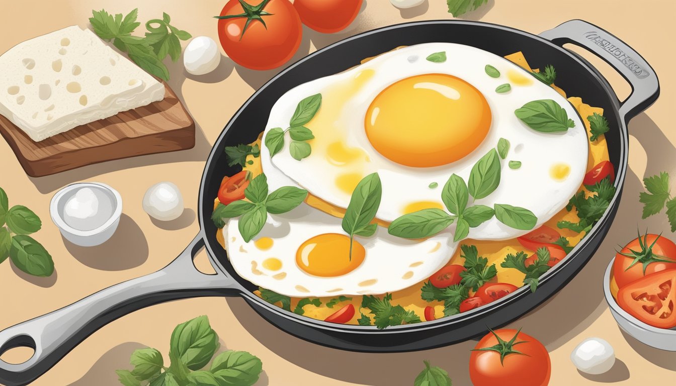 A sunny-side up egg sizzling in a pan, surrounded by fresh ingredients like tomatoes, herbs, and cheese, exuding rich and flavorful aromas