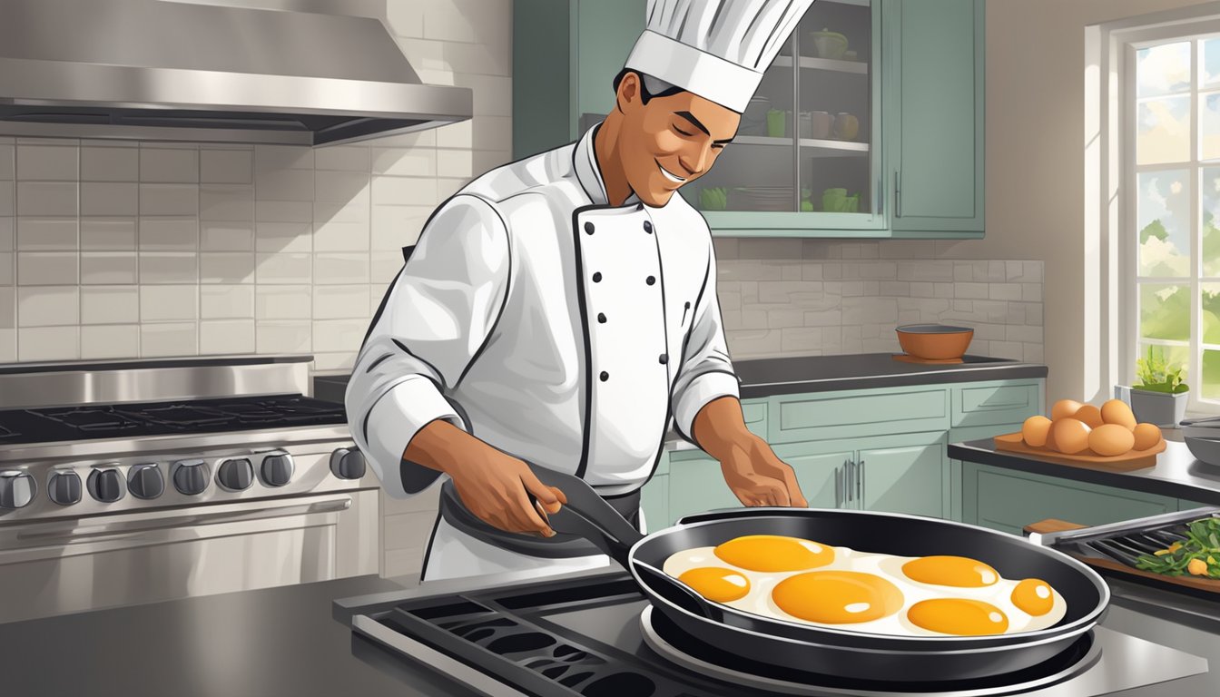 A chef cracking fresh eggs into a sizzling skillet, with a clean and organized kitchen in the background