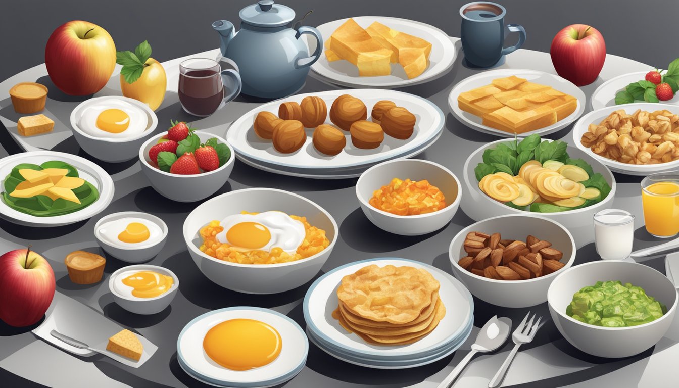 A table with a variety of breakfast sides, including apple bites, arranged neatly on plates