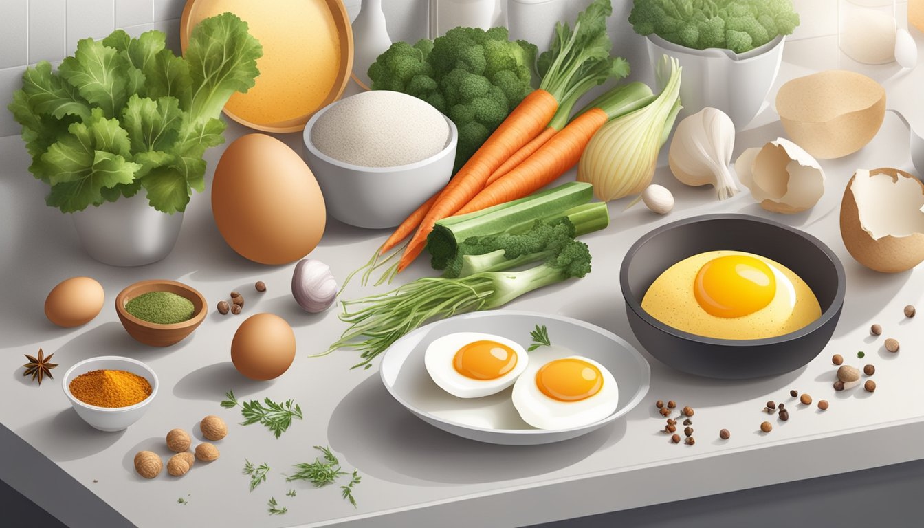 A cracked egg with a visible freshness indicator surrounded by a collection of ingredients such as vegetables and spices on a clean kitchen counter