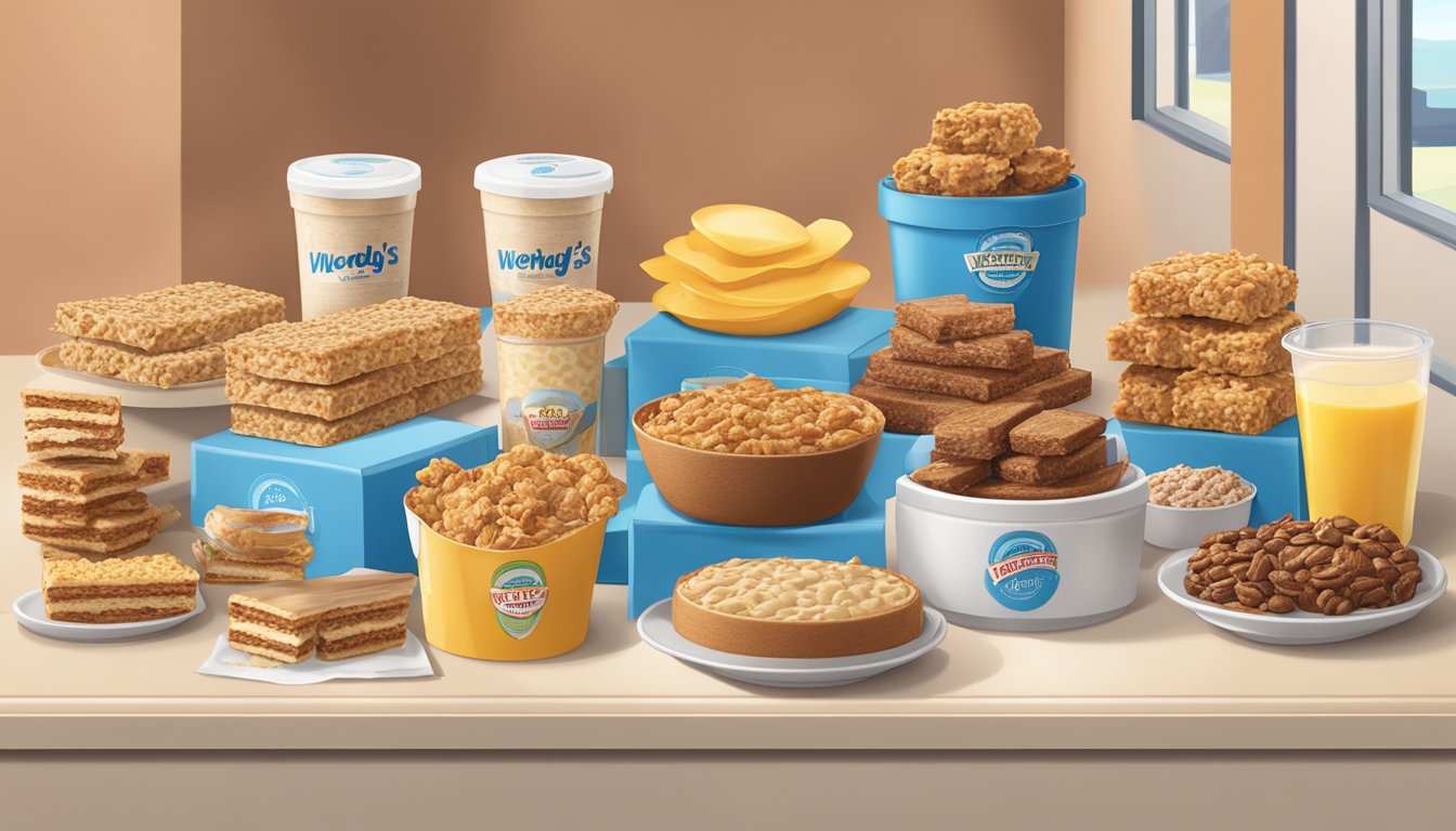 A table filled with various freshly baked oatmeal bars and other breakfast items from Wendy's, arranged in an inviting display