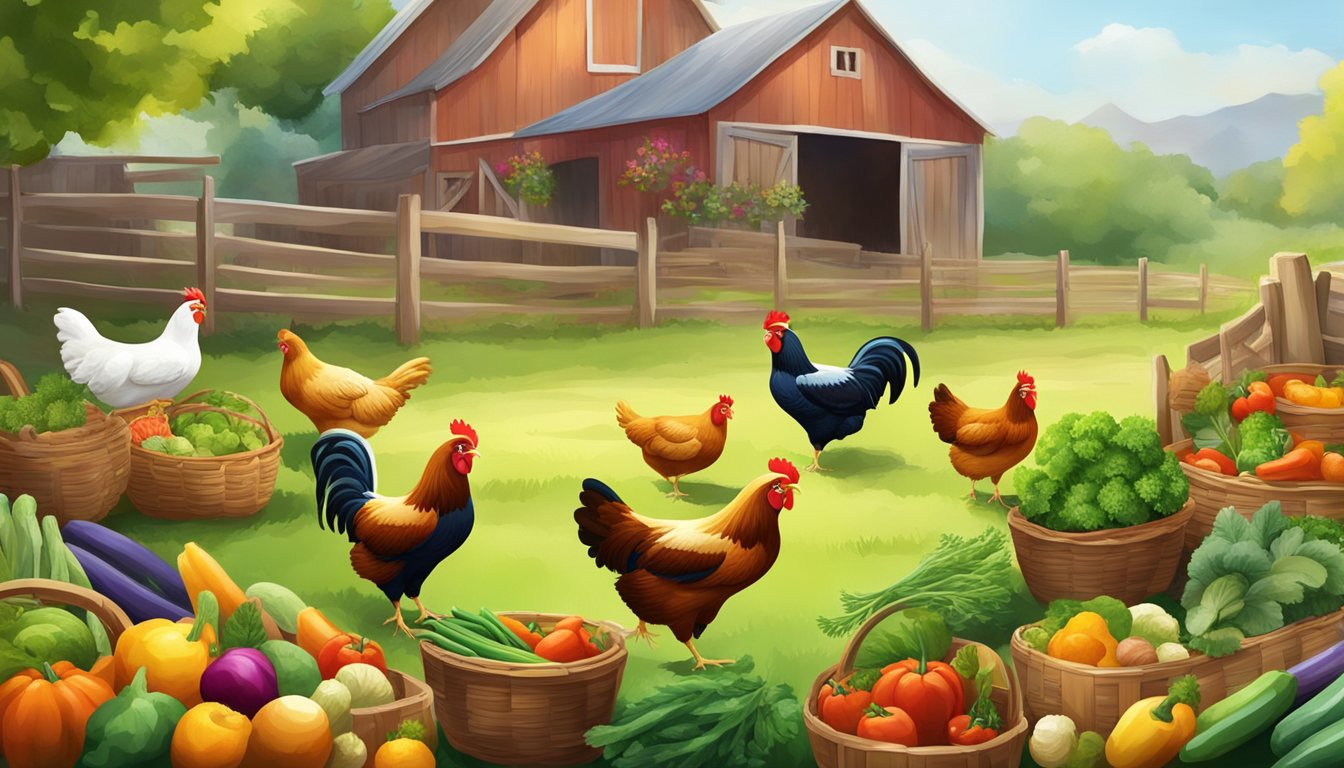 A vibrant farm scene with chickens roaming freely, surrounded by baskets of colorful vegetables and a variety of fresh herbs