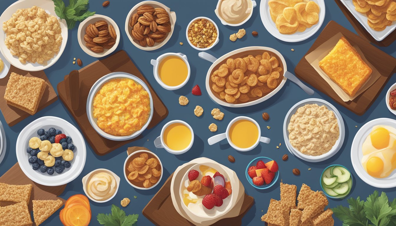 A spread of six different breakfast sides from Wendy's, including oatmeal bars, arranged on a table with colorful garnishes and a warm, inviting atmosphere