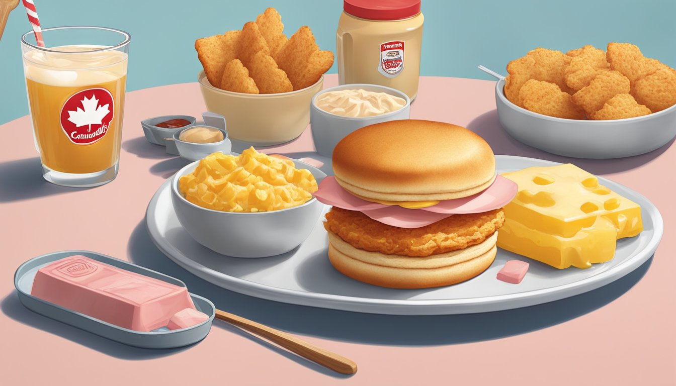 A golden honey butter biscuit topped with Canadian bacon on a plate, surrounded by other Wendy's breakfast items