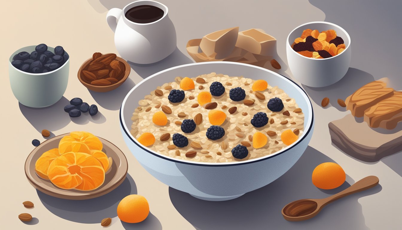 A bowl of oatmeal with dried fruit sits on a table, surrounded by a variety of other breakfast items