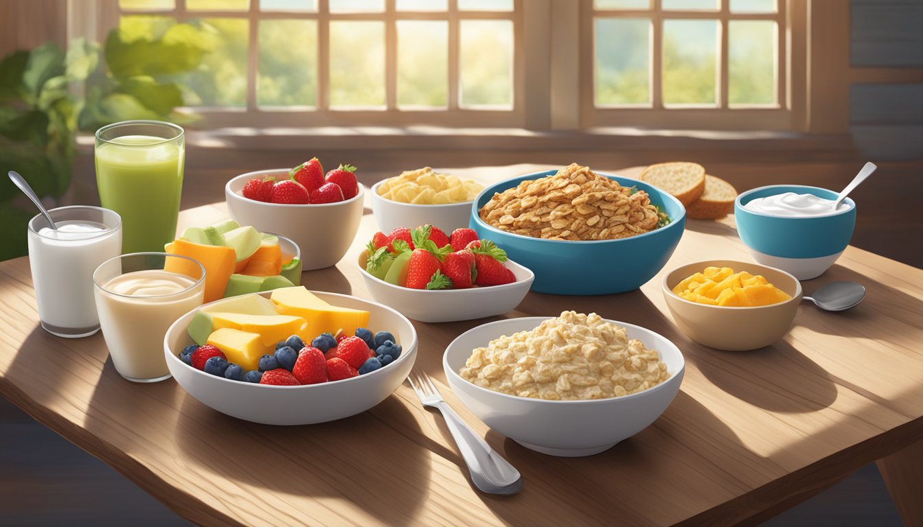 A colorful spread of Wendy's breakfast sides, including fresh fruit, yogurt, and oatmeal, arranged on a rustic wooden table with morning sunlight streaming in through a nearby window