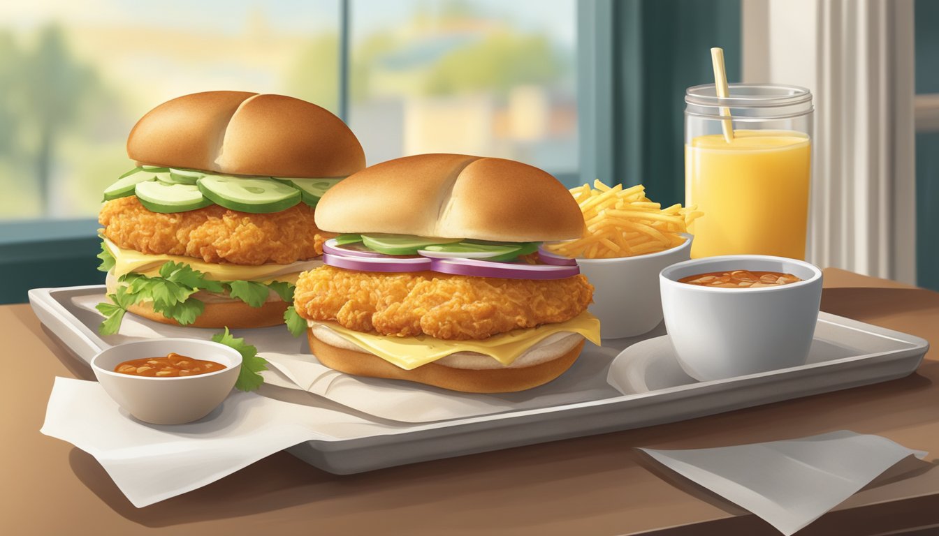 A classic chicken sandwich with hash browns on a tray, surrounded by a warm and inviting breakfast setting