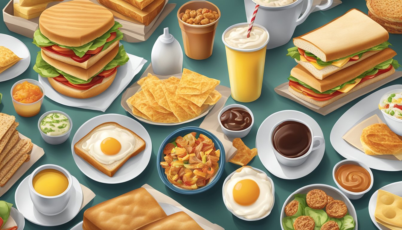 A table set with various breakfast items from Wendy's, including sandwiches, wraps, and sides, arranged in an appetizing display