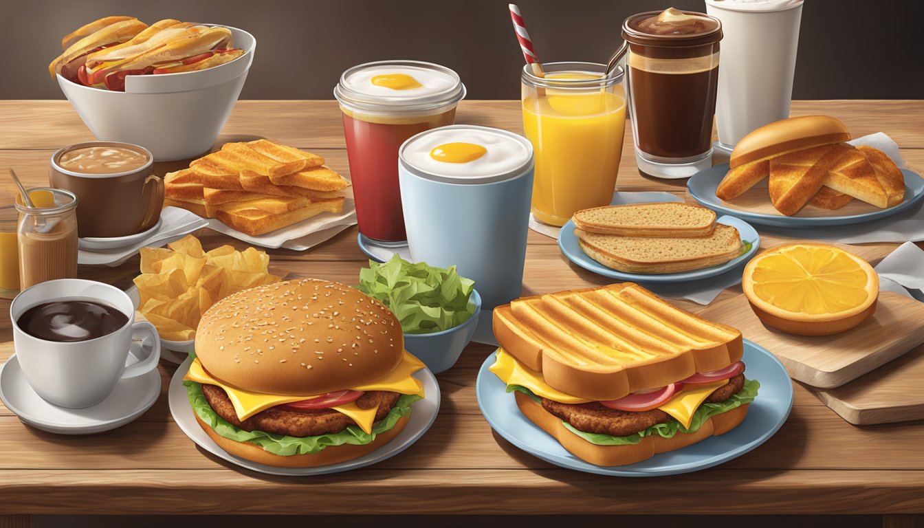 A colorful array of Wendy's breakfast items arranged on a rustic wooden table, including sandwiches, coffee, and sides, creating an inviting and appetizing display