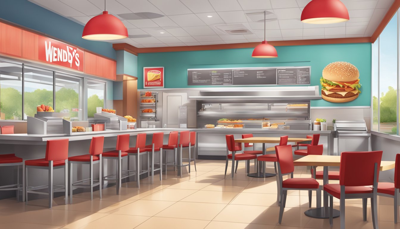 A bright and welcoming Wendy's restaurant interior with a counter, menu board, and tables set for breakfast service