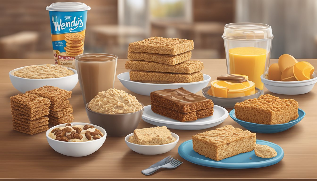 A table with a variety of freshly baked oatmeal bars and other breakfast items from Wendy's, arranged in an inviting display