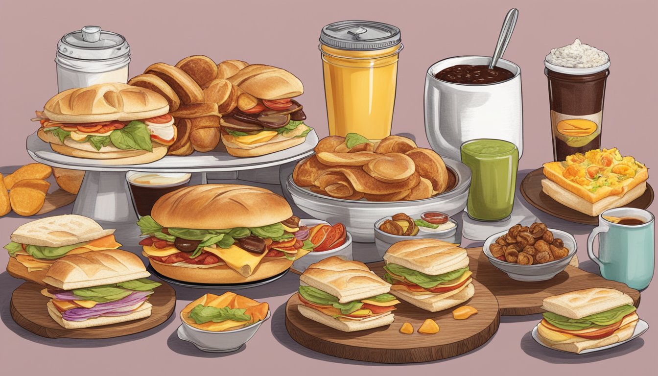 A table set with a variety of Croissan'wiches, each with unique toppings and fillings, surrounded by breakfast items and BK branding