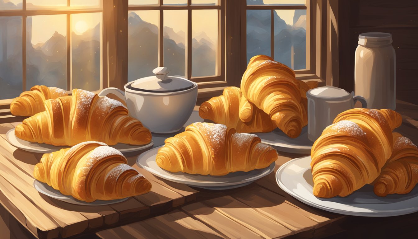 A display of golden, flaky croissants on a rustic wooden table. Sunlight streams in through a nearby window, highlighting the buttery pastries