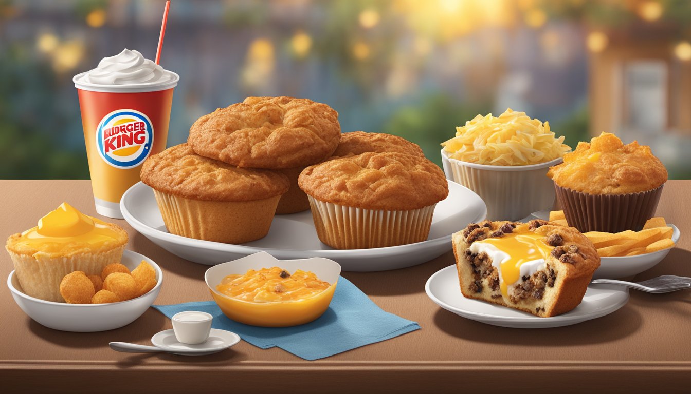 A table with a Morning Star Muffin surrounded by 5 unique breakfast items from Burger King, arranged in an enticing display