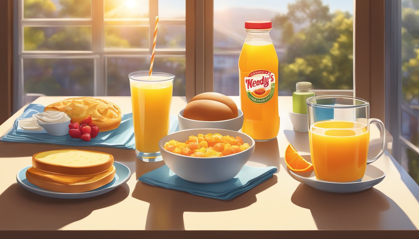 A table set with a variety of Wendy's breakfast items alongside a bottle of Simply Orange Juice, with sunlight streaming in through a window