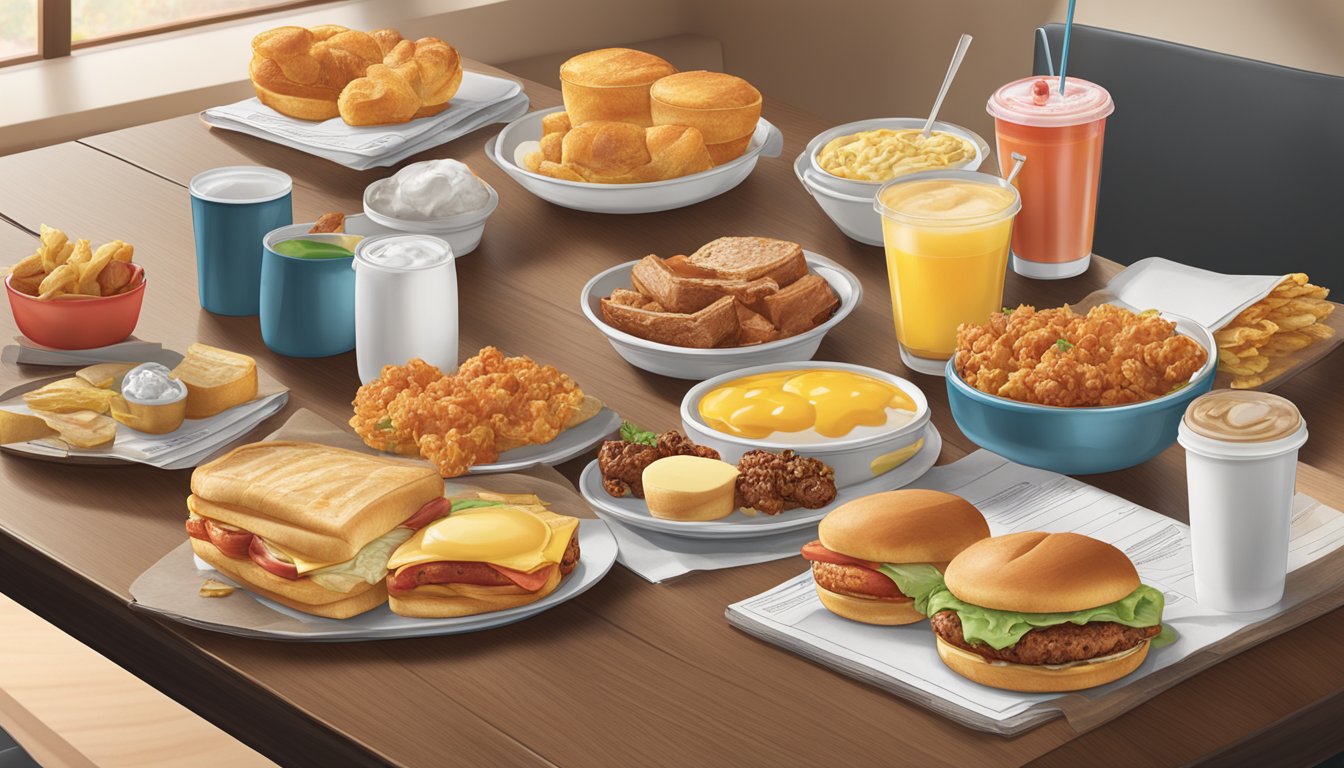 A table with a Wendy's breakfast spread, including a variety of menu items and a rewards program pamphlet