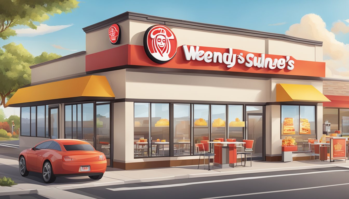 A sunny morning scene at a Wendy's restaurant with a display of 12 delicious breakfast items on a clean, modern table