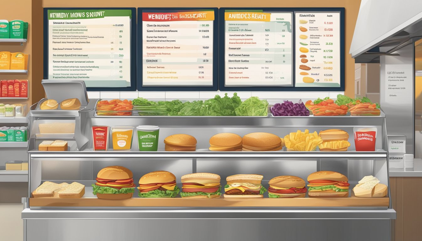 A colorful array of customizable sandwich ingredients displayed on a counter, with a menu board listing "13 Things to Know Before Ordering Wendy's Breakfast" in the background