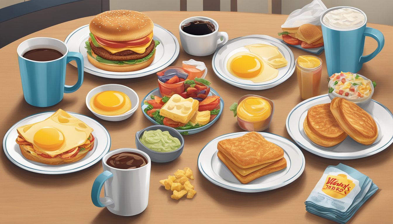 A colorful spread of 12 Wendy's breakfast items arranged on a table, with each dish labeled with its nutritional information