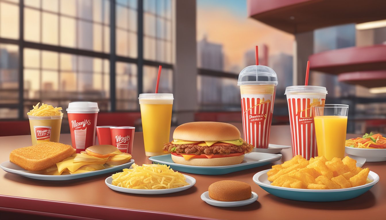 A table set with a variety of Wendy's breakfast combo meals, including sandwiches, hash browns, and drinks, with the iconic red and yellow branding in the background