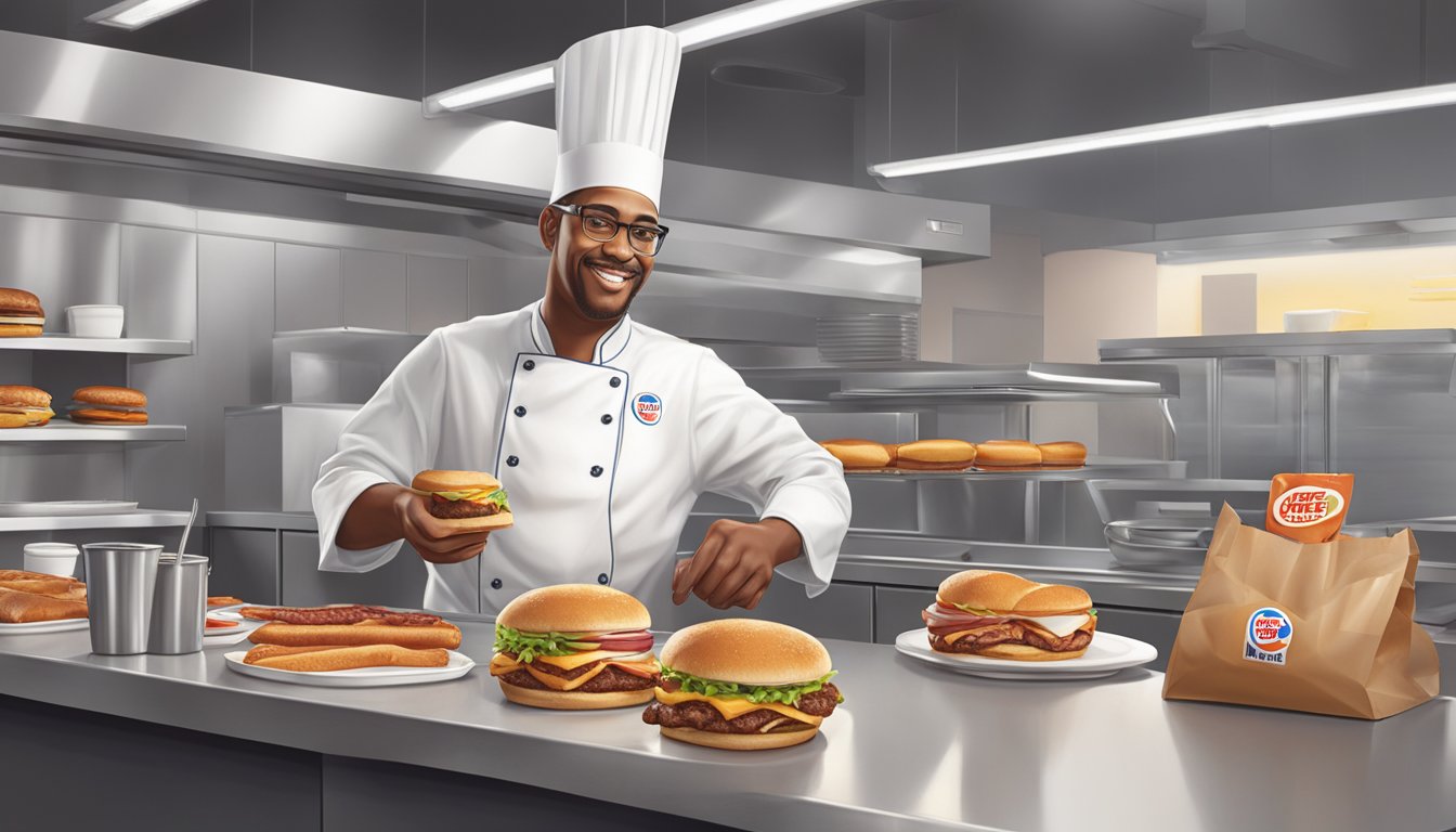 A chef swaps sausage for turkey bacon on a breakfast sandwich at a Burger King kitchen counter