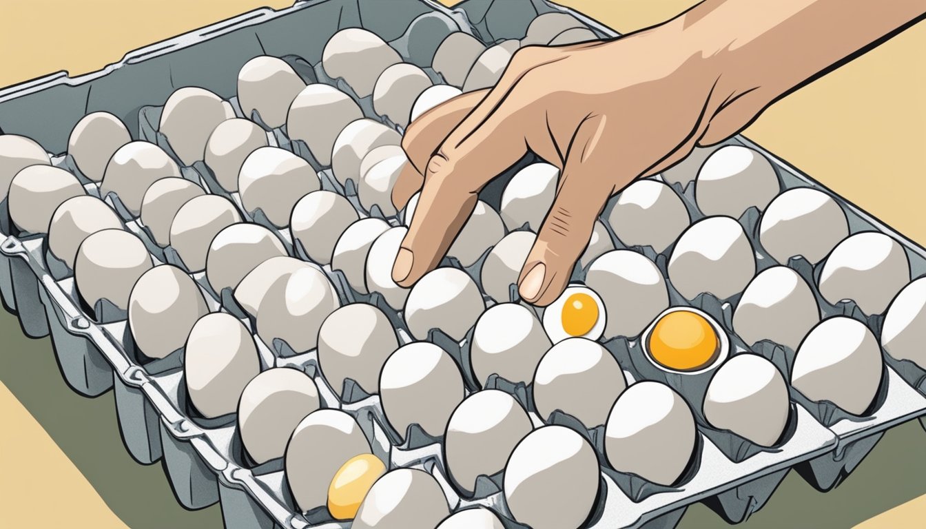 A hand reaching for an egg carton, selecting only the white eggs, with a carton of whole eggs nearby