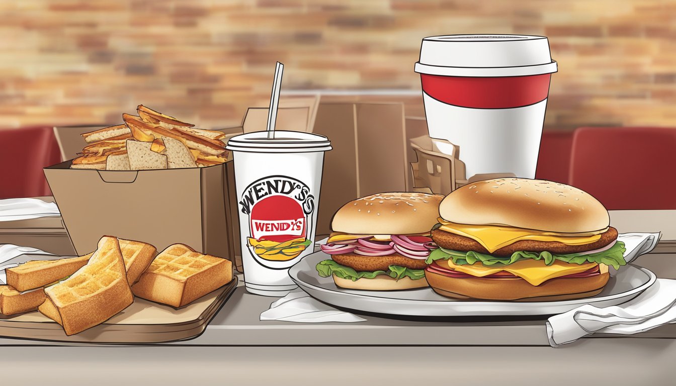 A table set with a variety of Wendy's breakfast items, including sandwiches, coffee, and sides, with the iconic Wendy's logo visible in the background