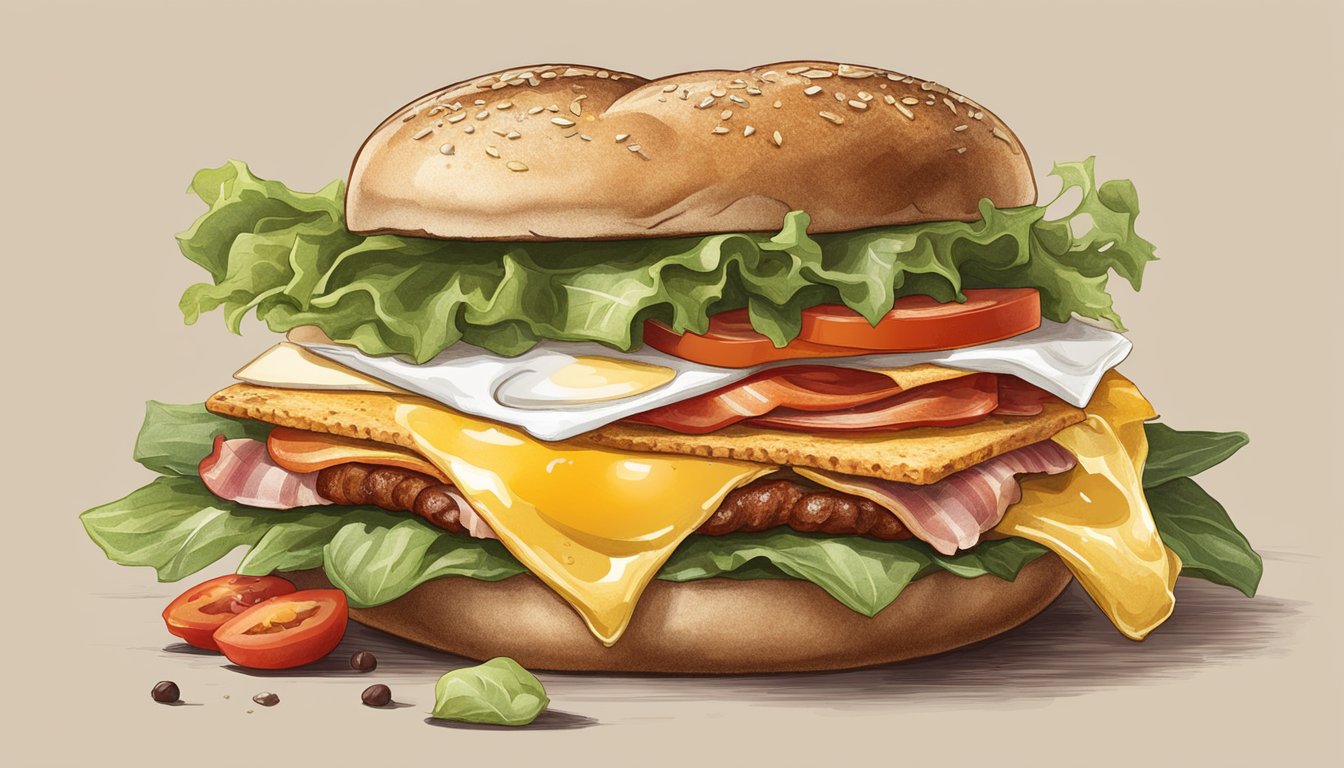 A breakfast sandwich with a multigrain bun surrounded by various customizable ingredients like bacon, eggs, cheese, and vegetables