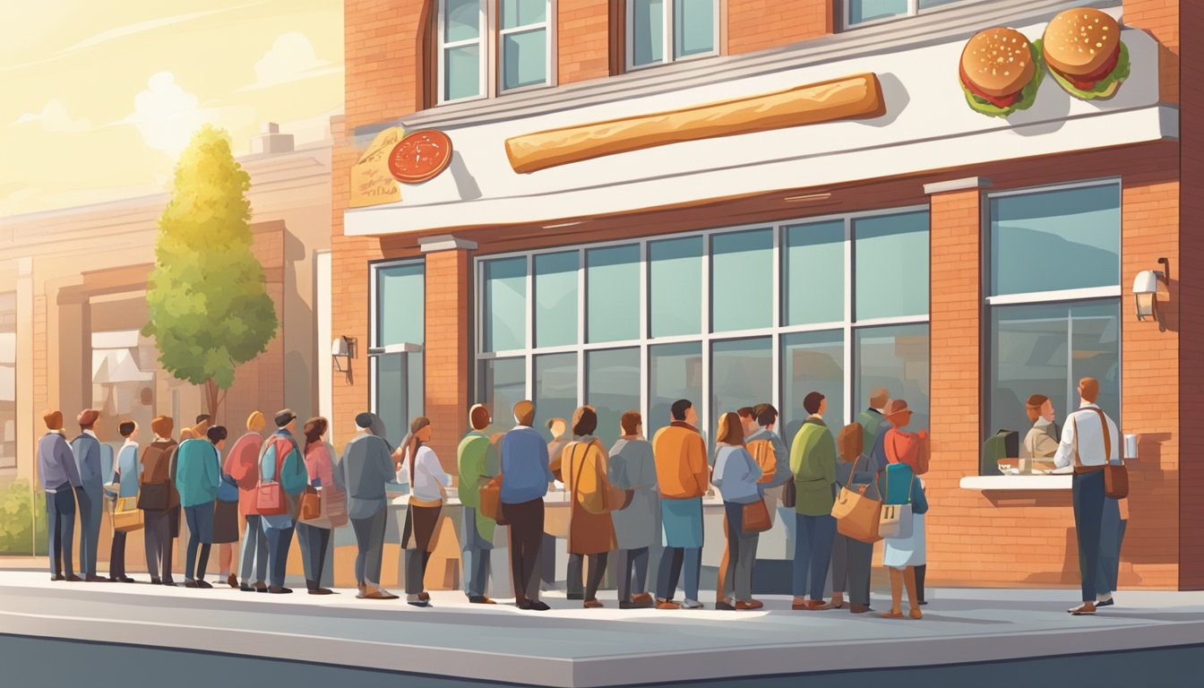 A sunny morning with a clock showing breakfast time. A line of customers eagerly waiting outside a Wendy's restaurant. The aroma of freshly cooked breakfast items fills the air