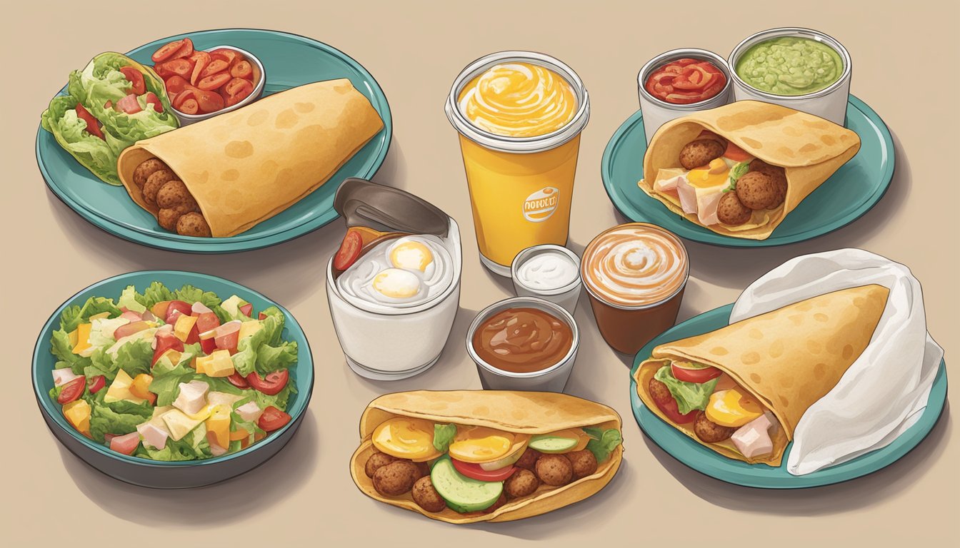 A colorful breakfast spread with eight different burritos, each filled with turkey sausage and egg whites, showcasing Wendy's diverse menu options for various dietary needs