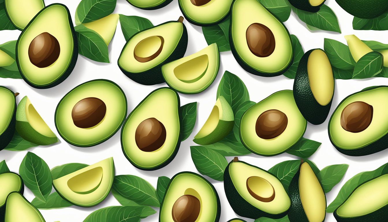 Avocado slices arranged in various patterns on a breakfast tray