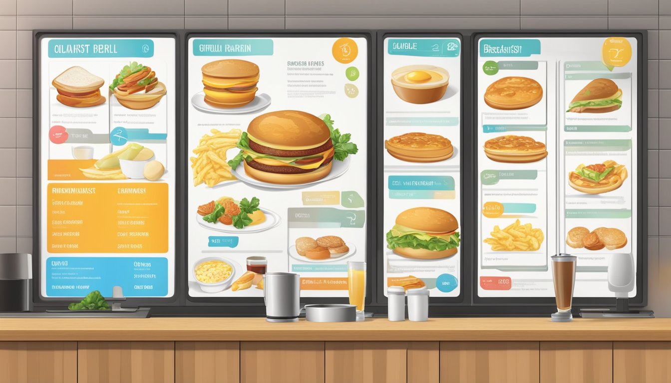 A breakfast menu with various customizable options displayed on a digital screen in a modern fast-food restaurant