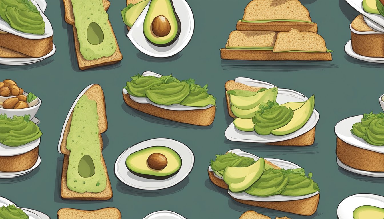 A table with eight plates, each featuring a different variation of avocado spread on multigrain toast. Each plate is tailored to a specific dietary need