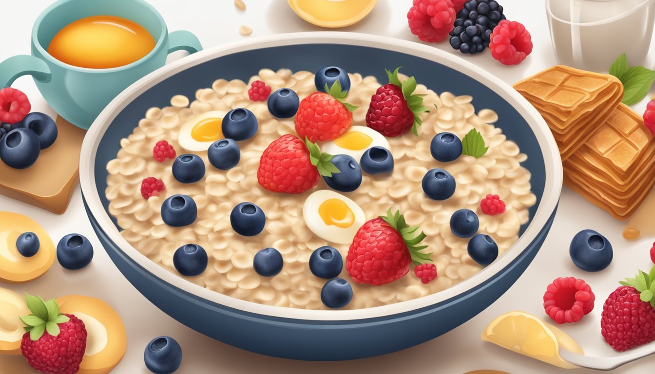 A bowl of oatmeal topped with a colorful array of fresh berries, surrounded by various breakfast options to cater to different dietary needs