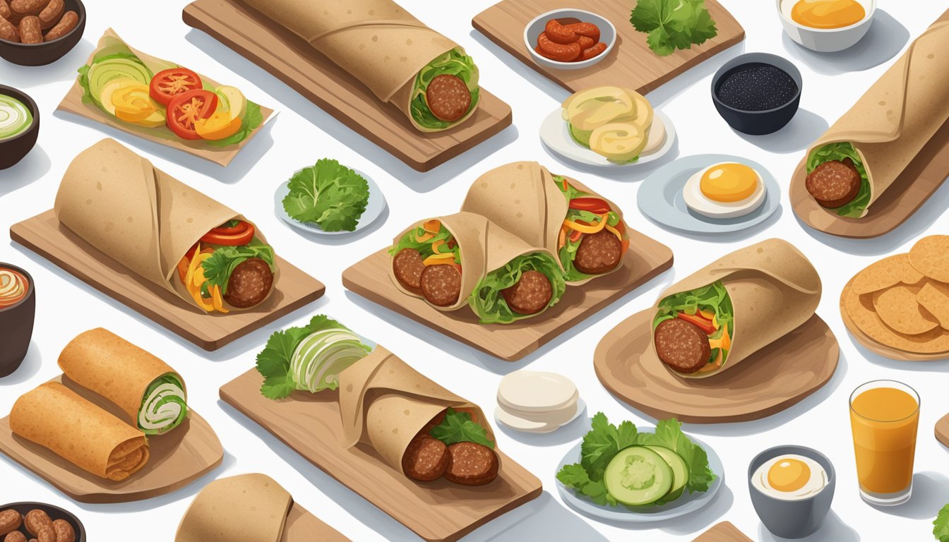 A variety of vegan sausage wraps displayed on a breakfast table with different dietary options