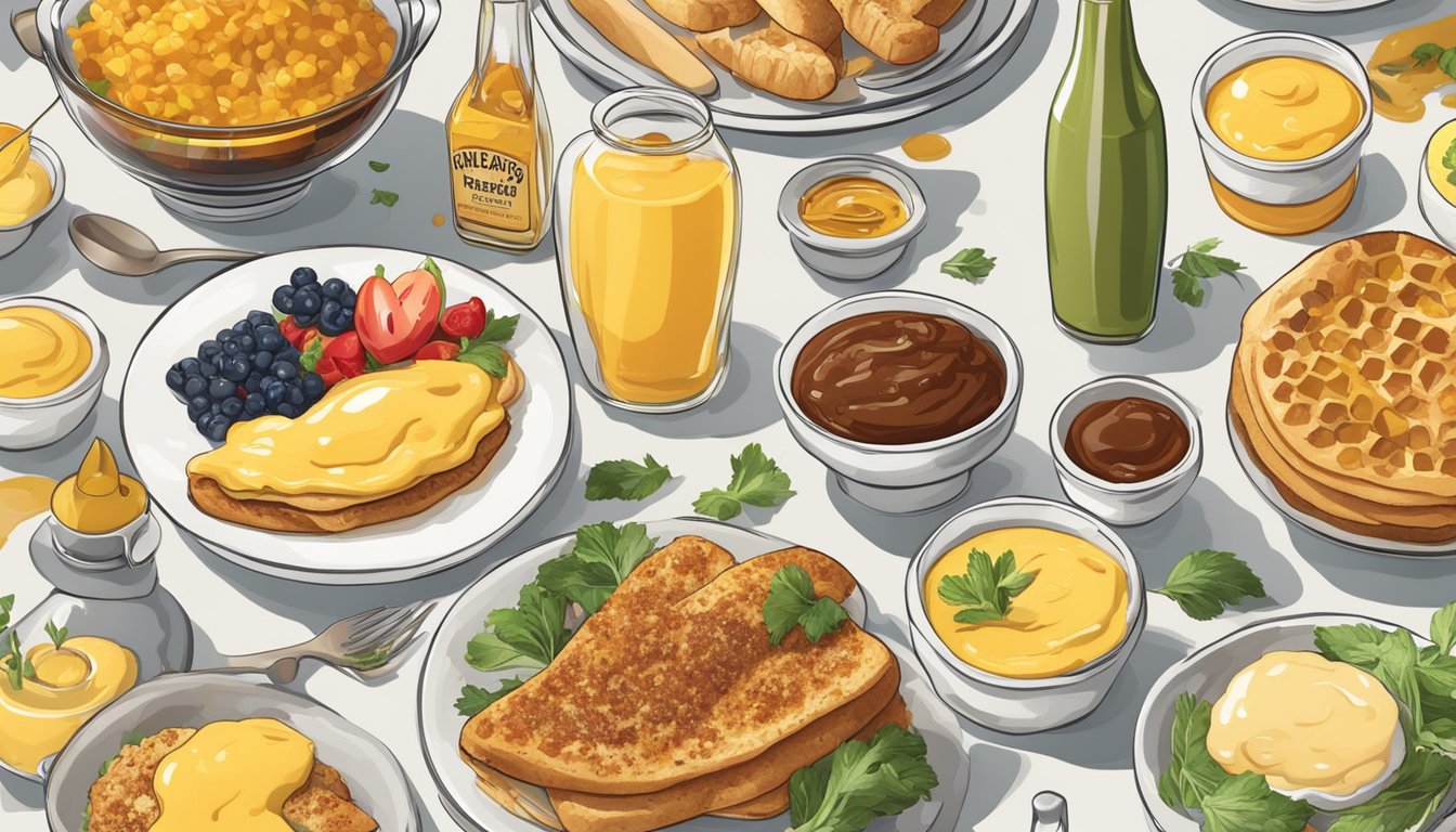 A breakfast table with various dishes, each topped with a different version of honey mustard sauce, surrounded by colorful condiment bottles and fresh ingredients