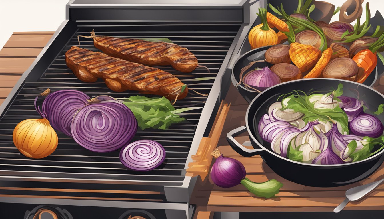 A sizzling grill with a variety of onions being cooked in different styles