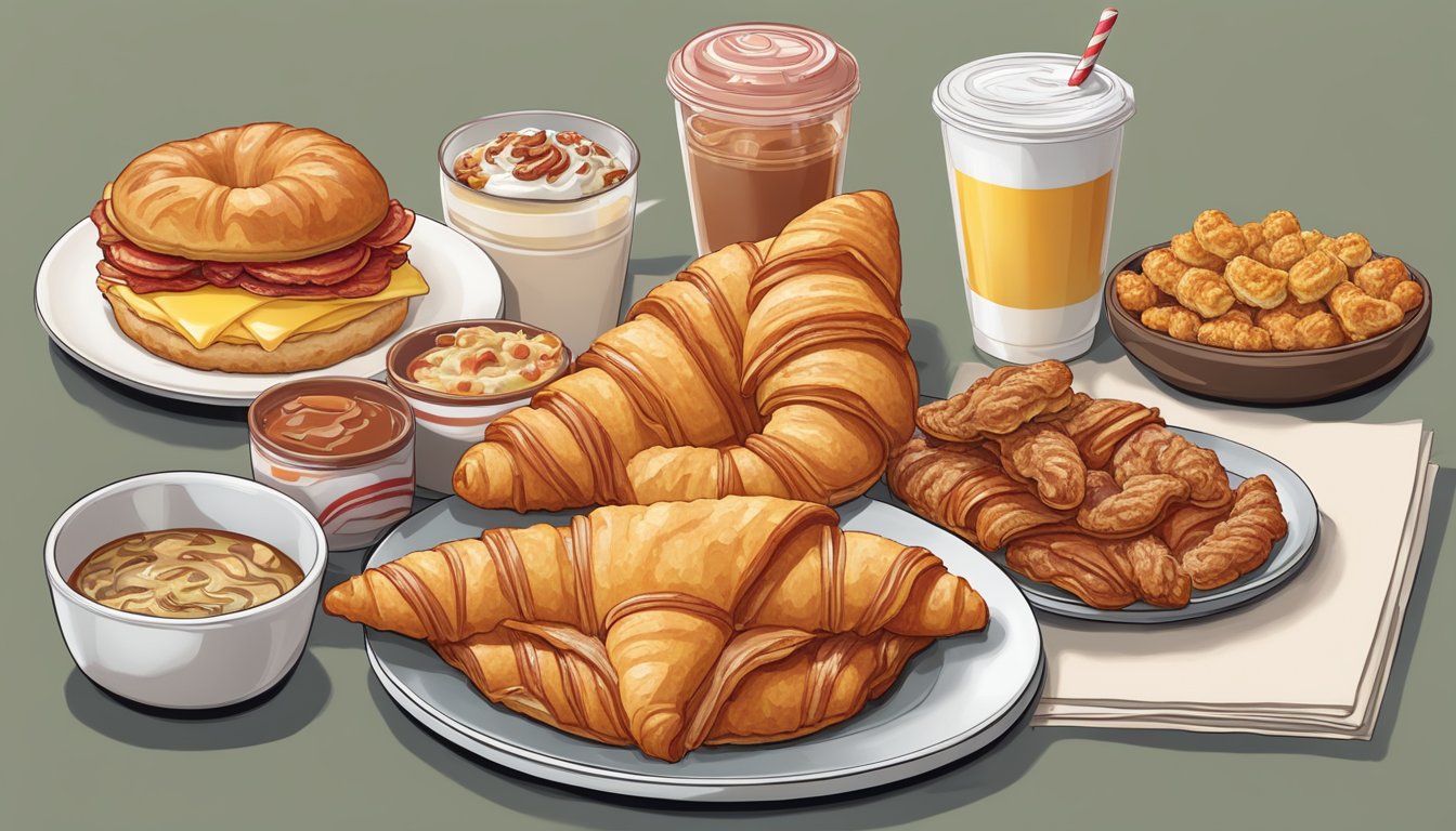 A maple bacon croissant sits on a plate surrounded by other Wendy's breakfast items, ready to be enjoyed as a delicious afternoon snack