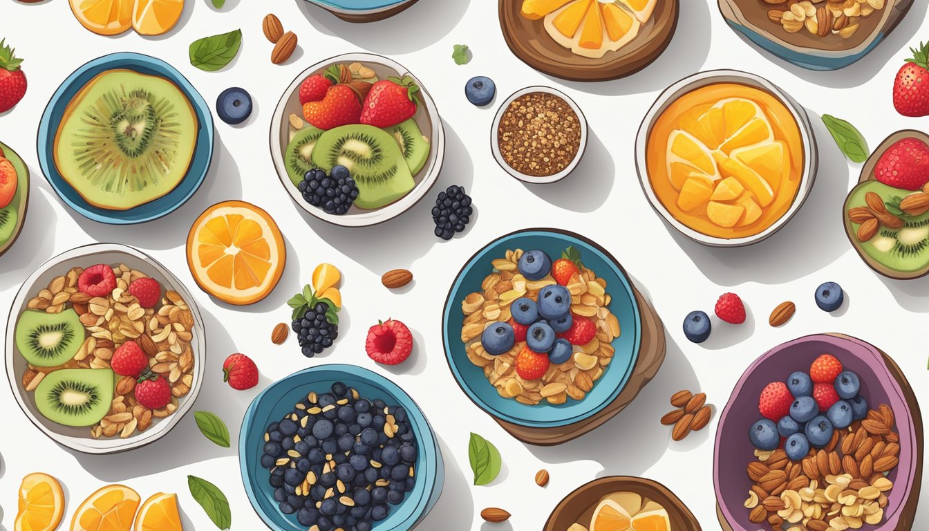 A colorful array of breakfast bowls, each topped with various ingredients like fruits, nuts, and seeds, arranged on a table