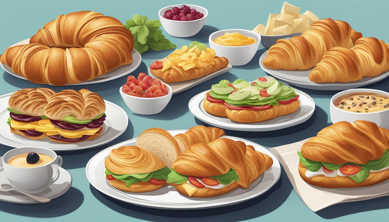 A table with eight different croissant sandwiches, each with unique ingredients and toppings, showcasing the variety of options available to cater to different dietary needs