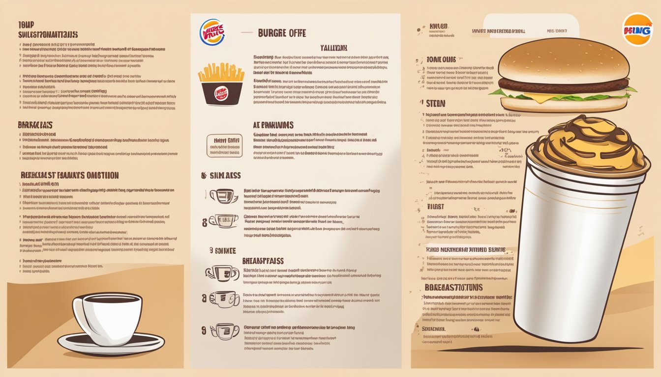 A cup of coffee with a splash of skim milk sits next to a menu listing 12 breakfast customization options at Burger King