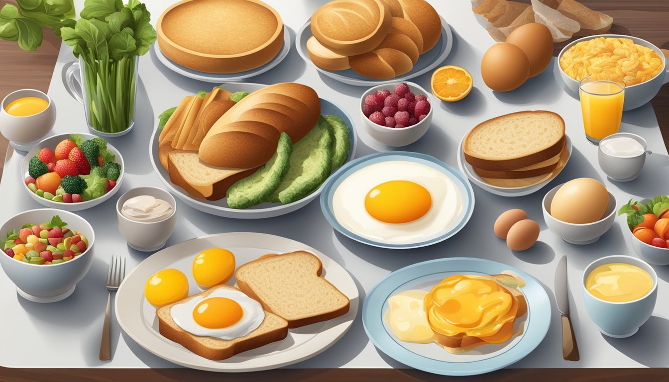 A breakfast table with a variety of food options, including different types of bread, eggs, fruits, and vegetables, representing a range of dietary needs