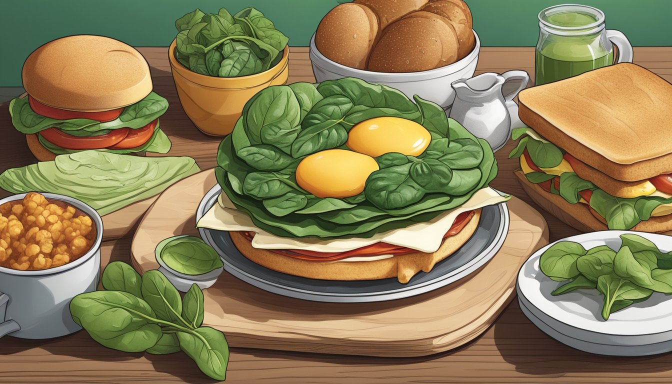 A breakfast sandwich with fresh spinach on top, surrounded by 12 different customizable ingredients