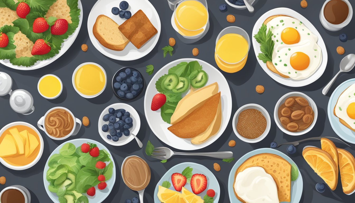 A table with a variety of breakfast items, including options for different dietary needs such as gluten-free, vegetarian, and low-carb