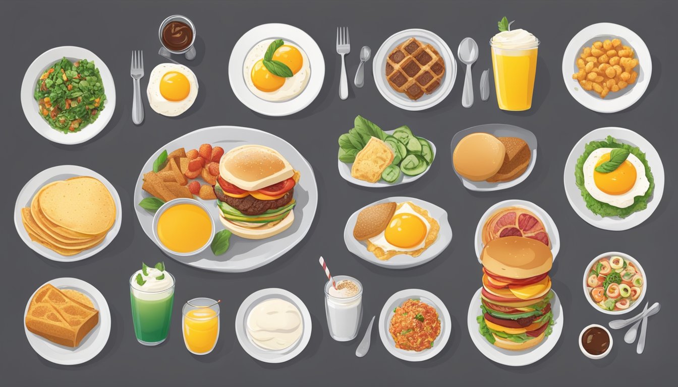 A table with 12 different customized BK breakfast options, each with unique ingredients and toppings, displayed in an organized and appetizing manner