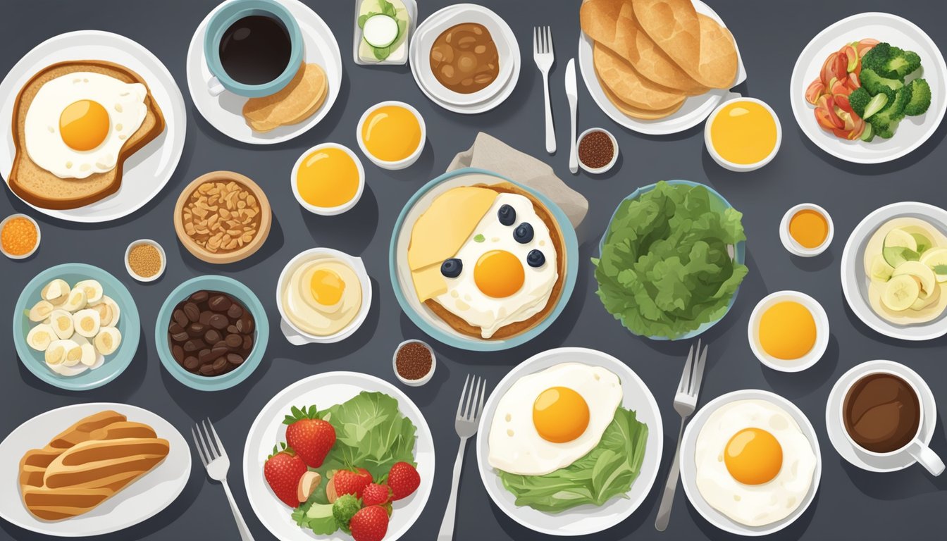 A breakfast spread with various dietary options, including gluten-free, vegetarian, and low-carb choices, displayed on a table