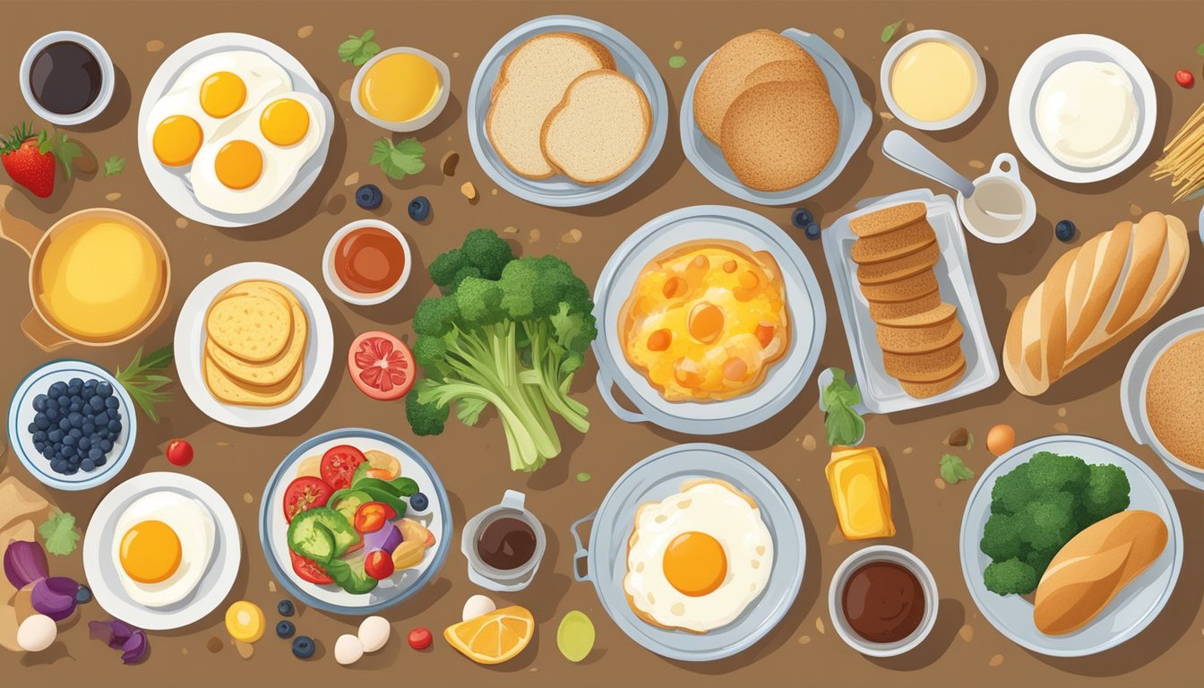 A colorful array of breakfast ingredients spread out on a table, including various types of bread, eggs, vegetables, and condiments