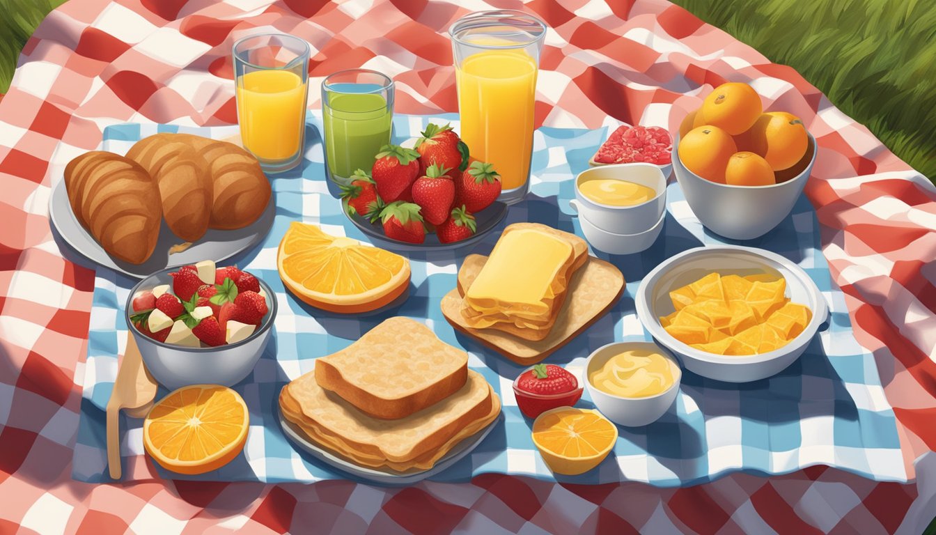 A sunny outdoor picnic with a variety of Wendy's breakfast items spread out on a checkered blanket, surrounded by fresh fruit and a glass of orange juice