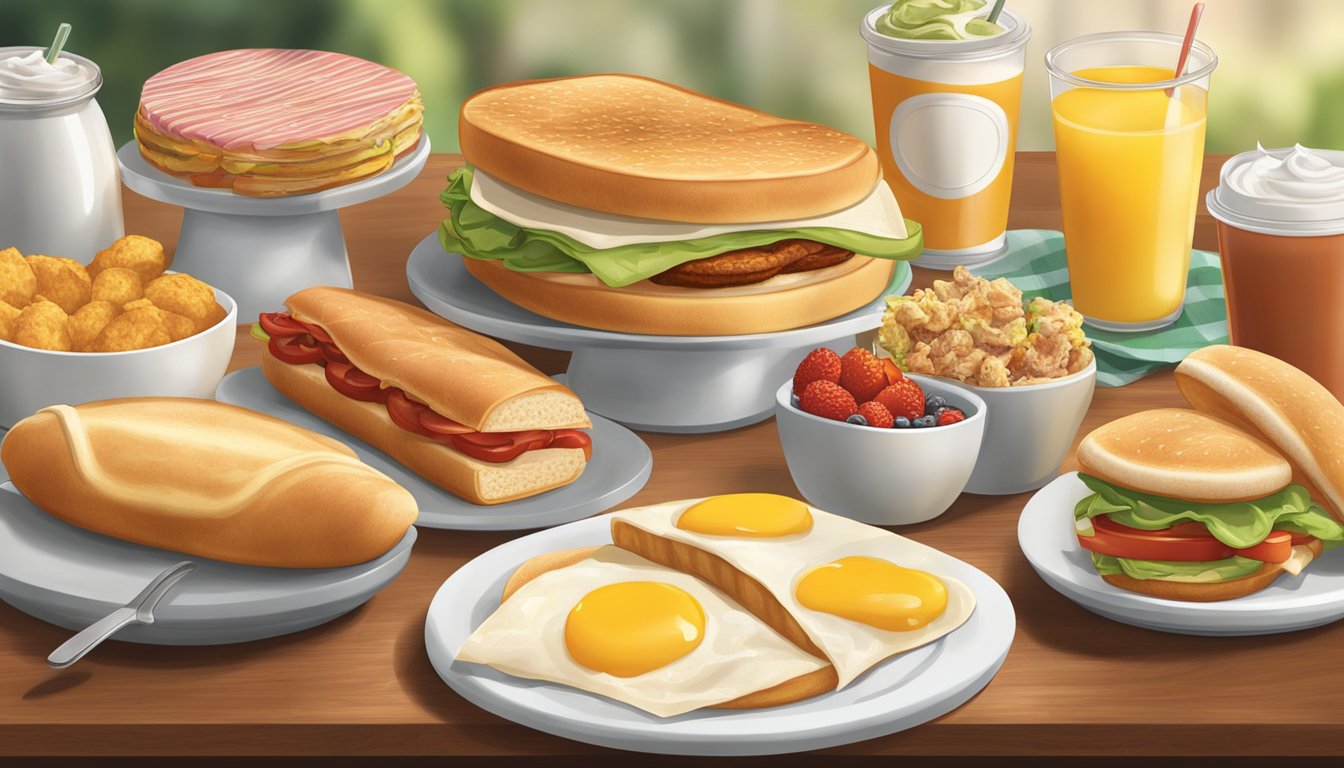 A table with a variety of Wendy's breakfast items arranged as afternoon snacks, including sandwiches, wraps, and baked goods